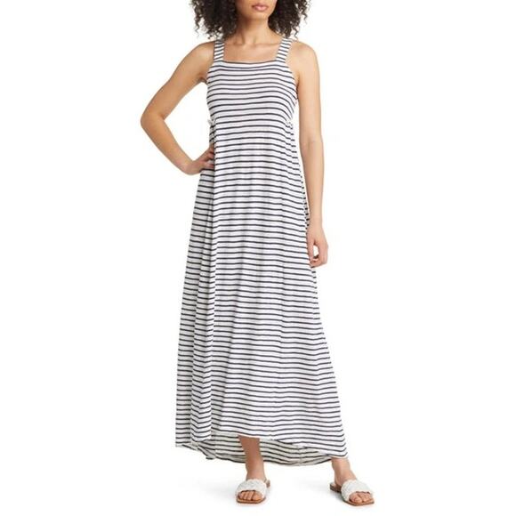 Caslon Easy Stripe Cotton Blend Navy White Smocked Sleeveless Maxi Dress Small - Picture 1 of 13
